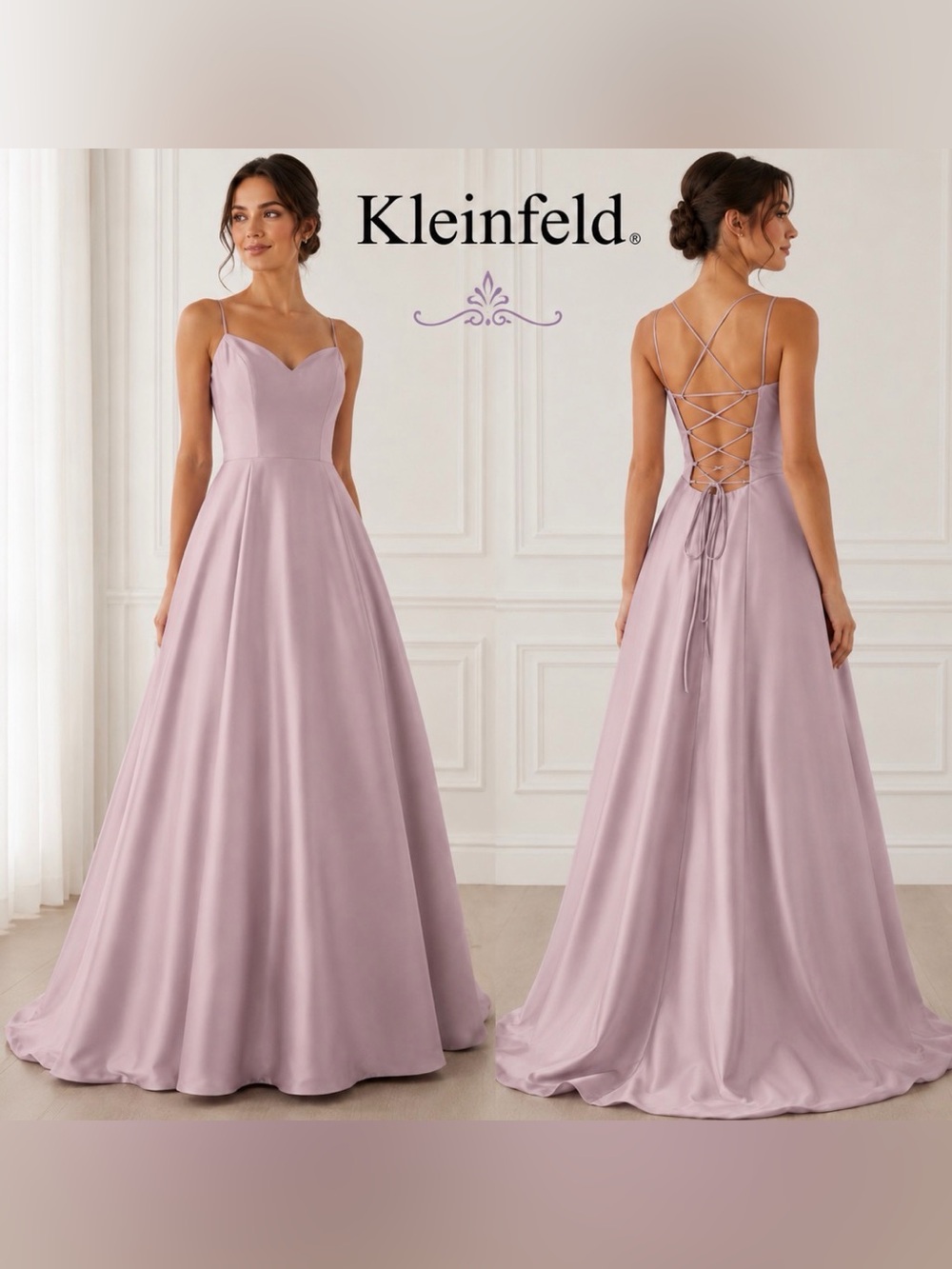 Kleinfeld Dusty Lavender Satin Formal Gown A-Line Lace Up Corset Back Maxi 4